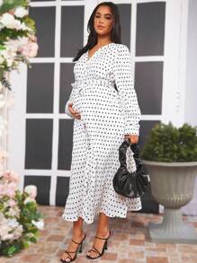 SHEIN Maternity Polka Dot Print Belted Dress - White - View 4