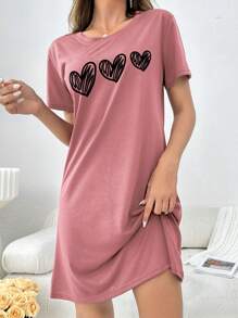 Vestido De Dormir Simple Con Impresión De Corazón De Amor - Rosa Fucsia - Ver 1