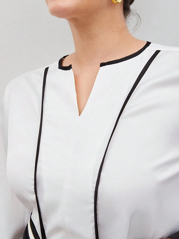 Plus Size Women's Work Color Block Shirt Contrasting Colors With Rolled Sleeve And Notched Collar