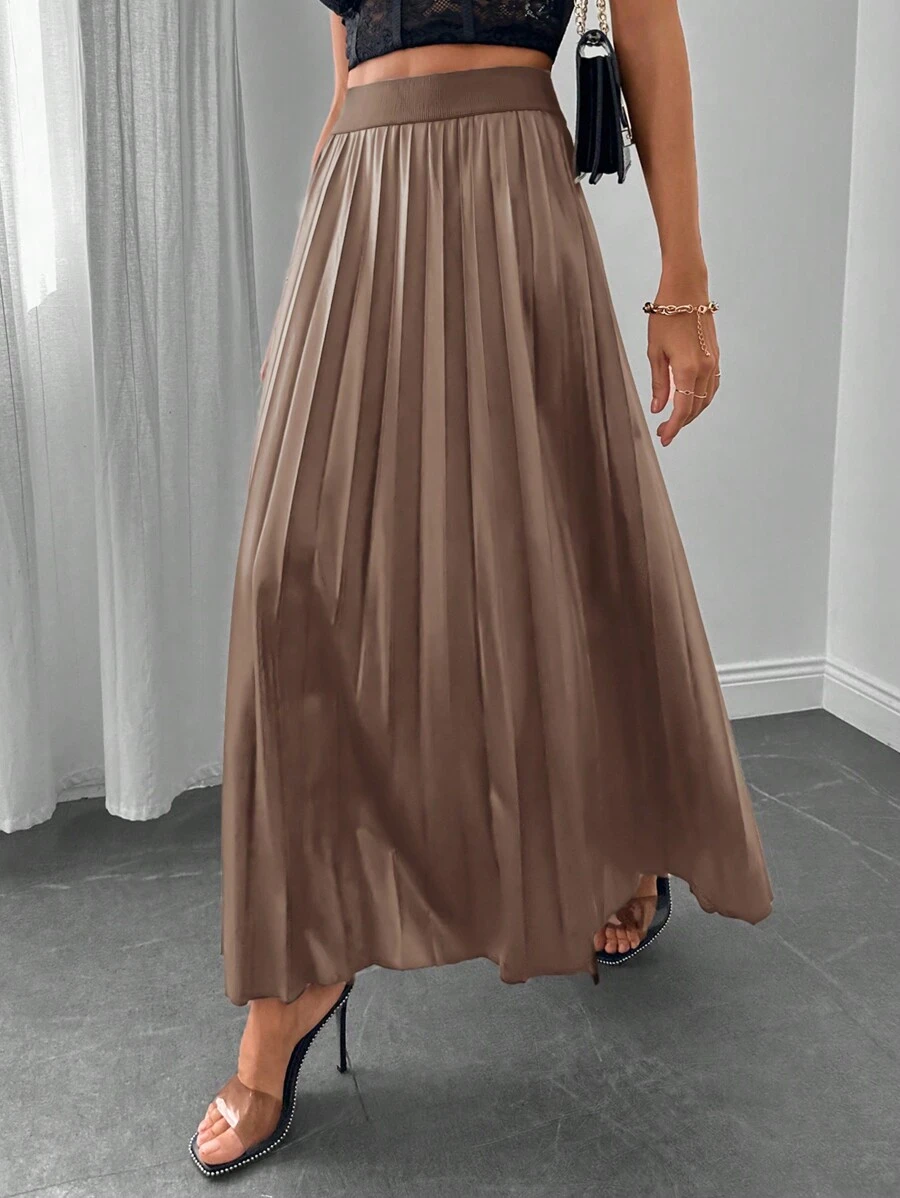 EURMUSE Solid Pleated Flare Skirt - Chocolate Brown - View 1