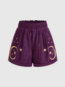 ROMWE Hippie Women's Pattered Shorts With Celestial Embroidery Of Sun, Moon & Stars - Purple - View 1