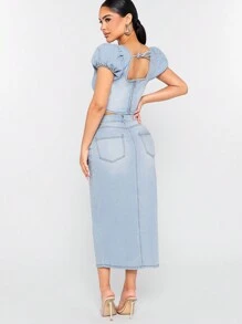 Denimoi Puff Sleeve Top & Skirt Denim Two Piece Set - Light Wash - View 2