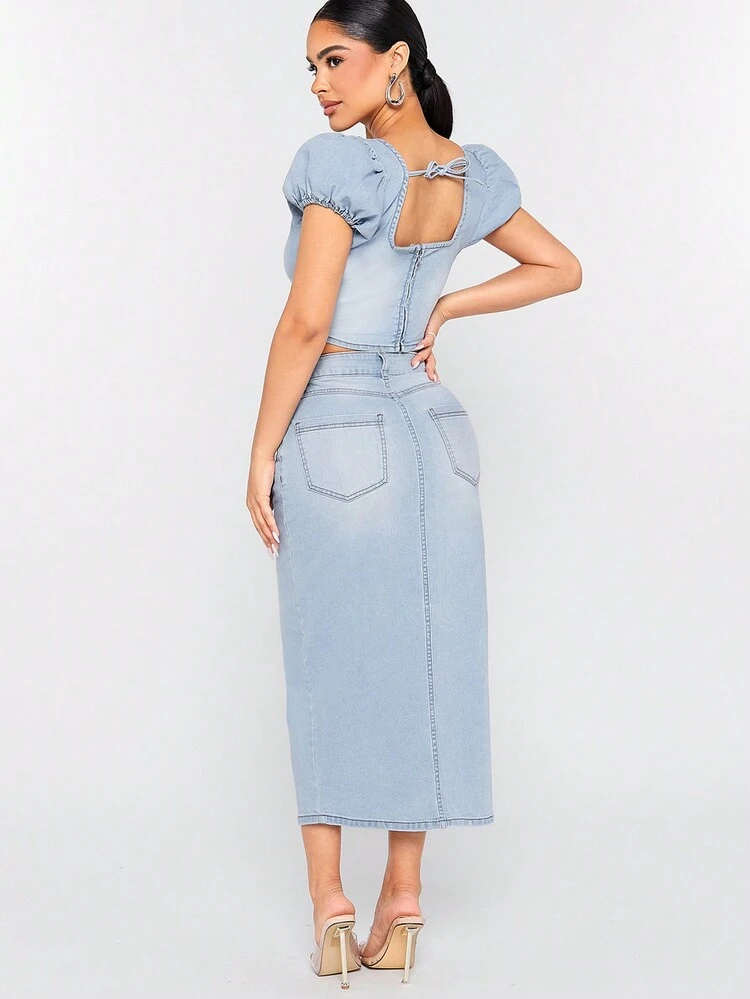 Puff Sleeve Top & Skirt Denim Two Piece Set