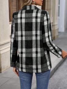 SHEIN LUNE Long Sleeve Plaid Pattern Suit Jacket - Black - View 2