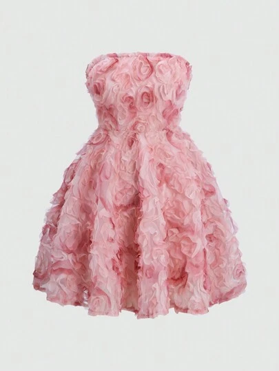 Sweetra Women's 3d Flower Applique Strapless Dress Mini Short Women Outfit