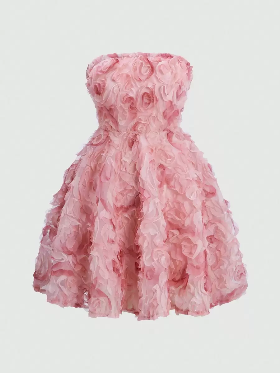 Sweetra Women's 3d Flower Applique Strapless Dress Mini Short Women Outfit
