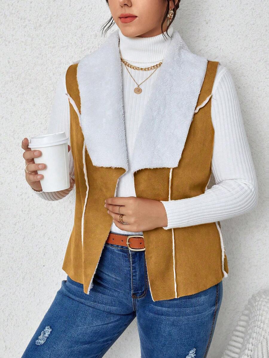 Flirla Plus Size Casual Sleeveless Padded Vest For Autumn/Winter - Khaki - View 1