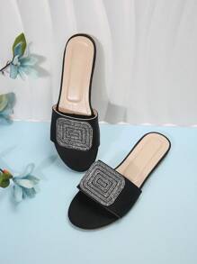 時尚大尺碼方頭鑽石平底涼鞋，適用於春夏戶外海灘穿著 - 黑色 - 查看 2