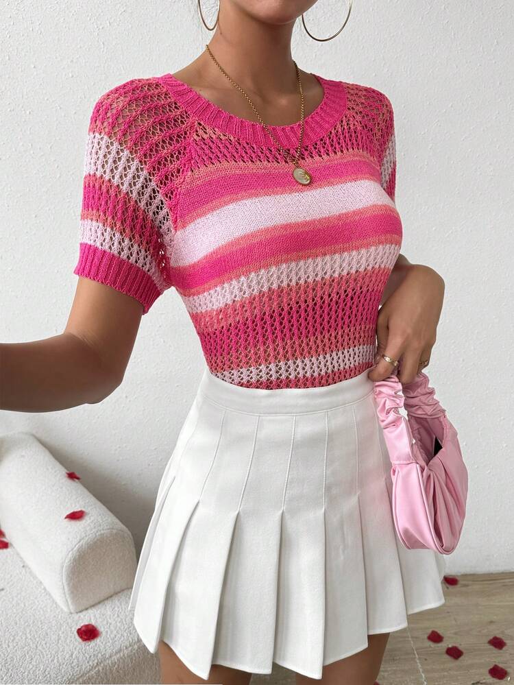Women's Striped Hollow Out Knitted Short Sleeve Top