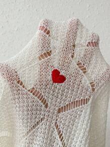 SHEIN LUNE Ladies' Heart Embroidery Hollow Out Knitted Sweater - White - View 5