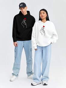 Manfinity Hypemode Men's Oversized Hooded Sweatshirt With Gesture & Heart Print And Drawstring - Black - View 2