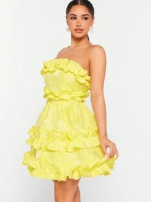Hauture Floral Ruffle Frill Tube Dress - Yellow - View 3