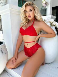 Women's Lace Bra & Panty Lingerie Set, Valentine Style - Red - View 2