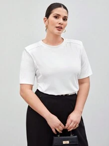SHEIN Maija Camiseta de manga corta de color blanco sólido con hombreras para mujer de talla grande - Blanco - Ver 3