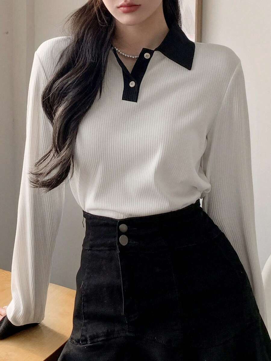 DAZY Của phụ nữ Tương phản Màu sắc Vòng cổ Sọc Áo thun - trắng - Xem 1