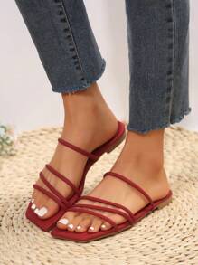 Sandalias De Correa Nuevas De Moda De Verano, Sandalias Planas De Punta Cuadrada - Rojo - Ver 3