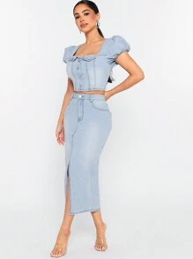 Denimoi Puff Sleeve Top & Skirt Denim Two Piece Set - Light Wash - View 5