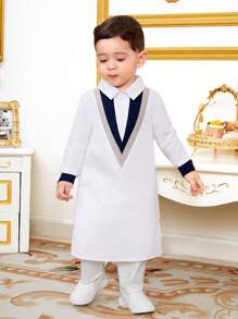 SHEIN Baby Boys' Loose Fit Long Robe With Three-Color Collar And Long Sleeves - Blue and White - View 3