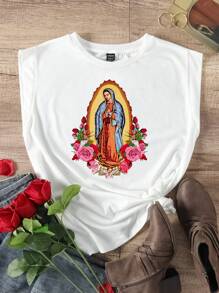 SHEIN LUNE 1 件女士小雕像印花圆领落肩休闲 T 恤 - 白色 - 查看 2