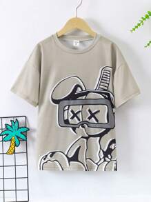 SHEIN 青少年男孩图案酷炫卡通印花短袖 T 恤 - 卡其色 - 查看 2