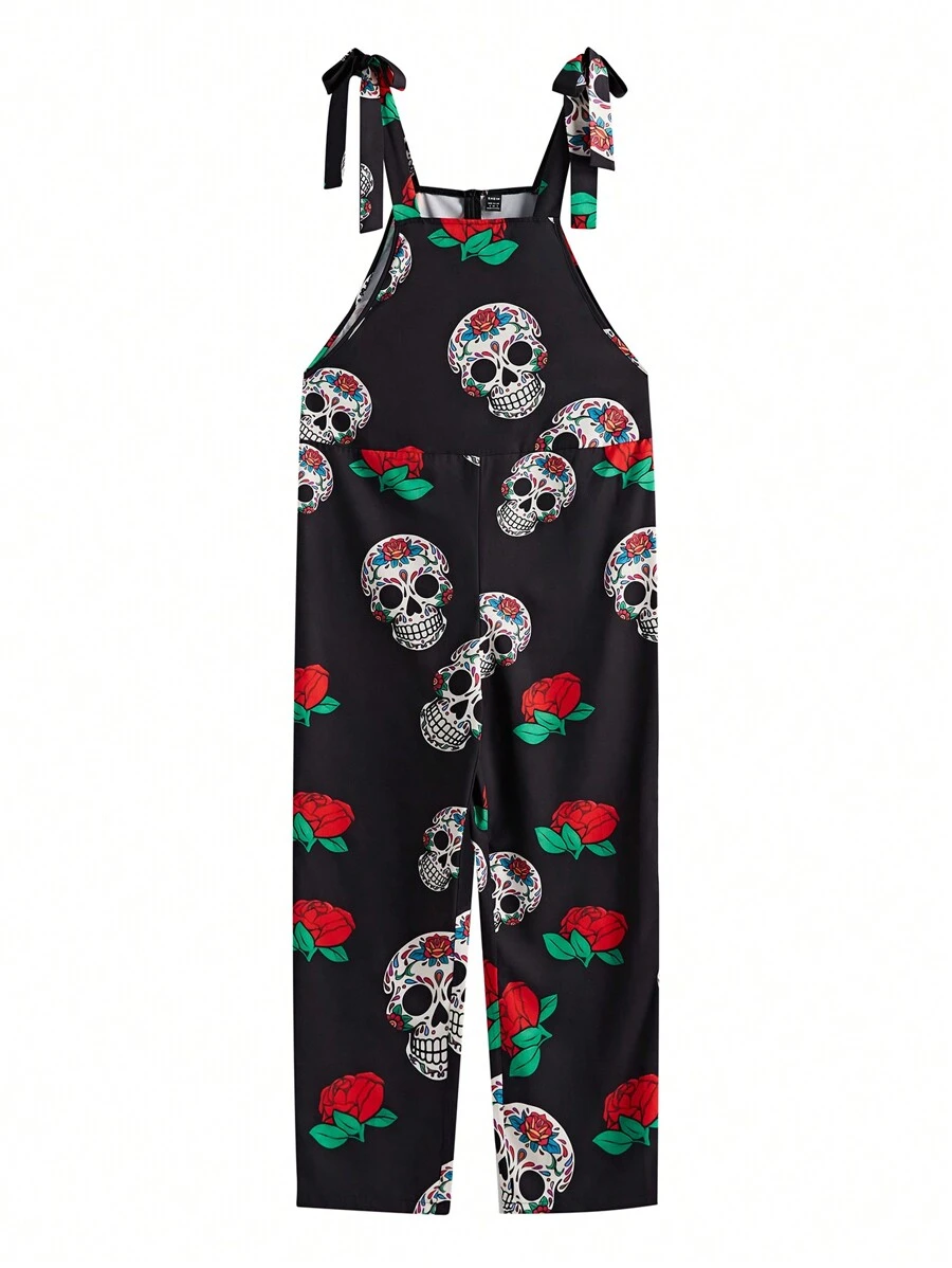 SHEIN Unity Skull & Floral Printed Overalls Pants - Black - View 1