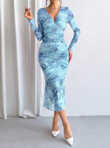 SHEIN Privé Vestido De Manga Larga Con Cuello Envolvente De Malla De Degradado Para Mujer - Celeste - Ver 5