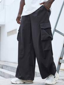 Manfinity Homme Men's Plus Size Loose Pants With Drawstring Waist And Flap Pocket - Dark Grey - View 5