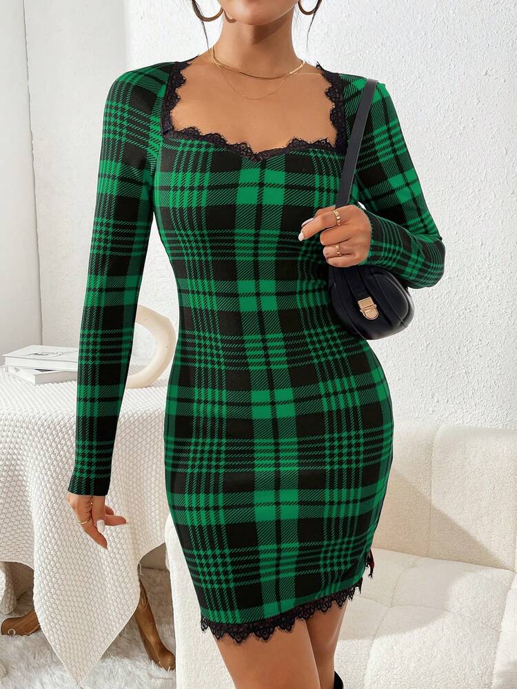 Women'S Sweetheart Neckline Patchwork Lace Gingham Dress