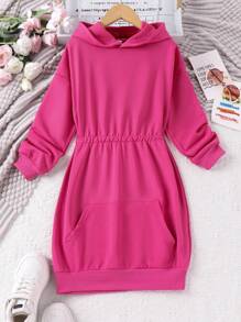 SHEIN Tween Girls' Long Hooded Sweatshirt With Drawstring - Hot Pink - View 1