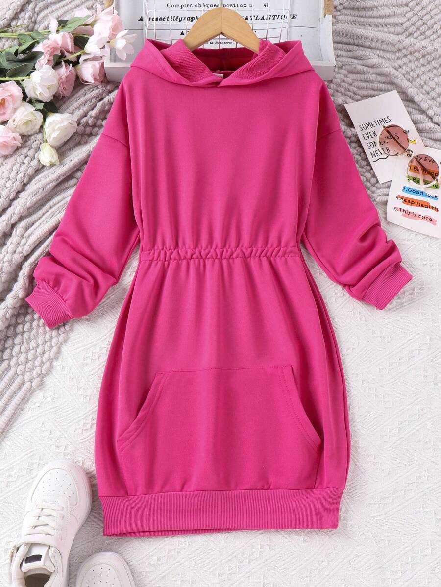 SHEIN Tween Girls' Long Hooded Sweatshirt With Drawstring - Hot Pink - View 1