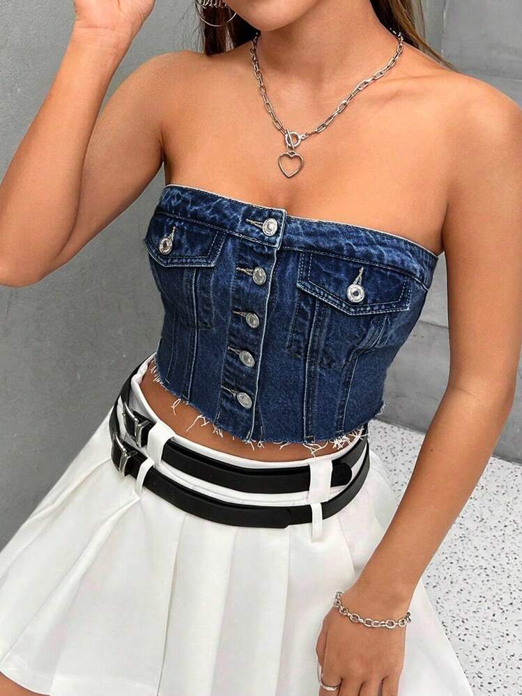 SHEIN PETITE توب جينز نسائي بدون حمالات - أزرق داكن - مشاهدة 4