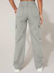 SHEIN PETITE Jeans Feminino De Perna Reta Cargo - Cinza - Ver 2