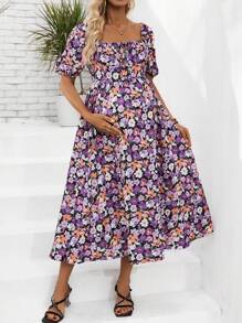 SHEIN Maternity Floral Print Square Neck Long Dress - Purple - View 5
