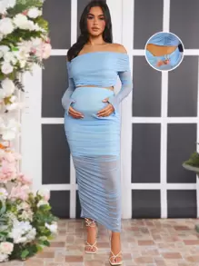 SHEIN Maternity Off-Shoulder Ruched Top And Adjustable Button-Up Skirt Set - Blue - View 1