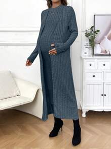 SHEIN Maternity Ribbed Sleeveless Dress And Coat 2pcs/Set - Dusty Blue - View 4