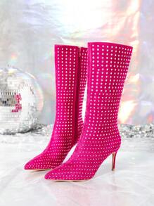 Botas Rosadas Con Pedrería Para Mujeres, De Estilo De Fiesta A Media Pierna, A La Moda Y A La Última - Rosa Fucsia - Ver 5