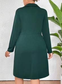 SHEIN LUNE Plus Size Half Placket Long Sleeve Dress With Flip Detail And Zip Closure - Dark Green - View 2