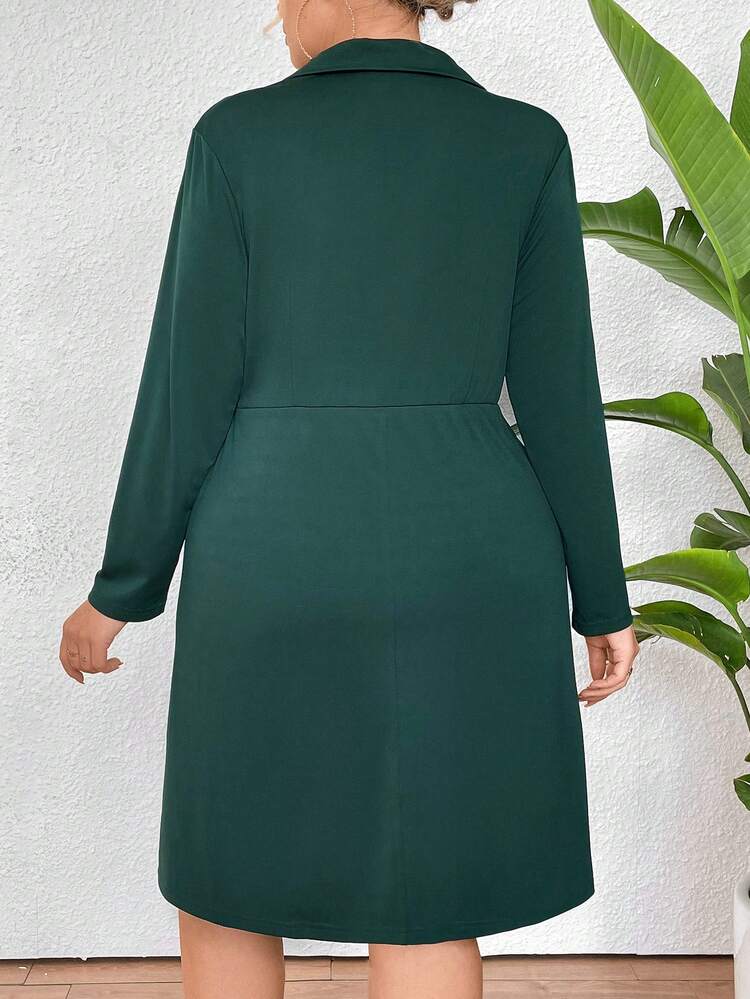 Plus Size Half Placket Long Sleeve Dress With Flip Detail And Zip Closure
