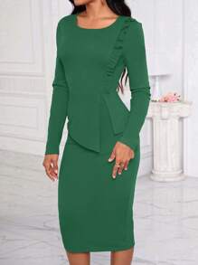 SHEIN Lady Women's Peplum Hem & Split Back Dress With Frill Trim - Dark Green - View 4