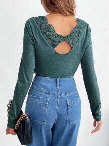 SHEIN Frenchy Ladies' Lace Patchwork Long Sleeve T-Shirt - Green - View 2
