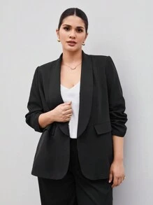 BizChic 秋冬女式加大码纯色披肩领前开襟西装外套 - 黑色 - 查看 7