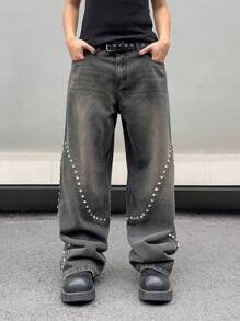 Manfinity Roghcode 男士铆钉装饰洗水牛仔裤（无腰带），纯色深蓝色宽牛仔裤，长款破洞宽松工装牛仔裤，适合老公、男朋友的礼物 - 黑色 - 查看 6