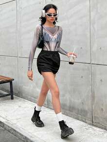 SHEIN Coolane 全覆蓋圖案網眼連身衣 - 黑與白 - 查看 5