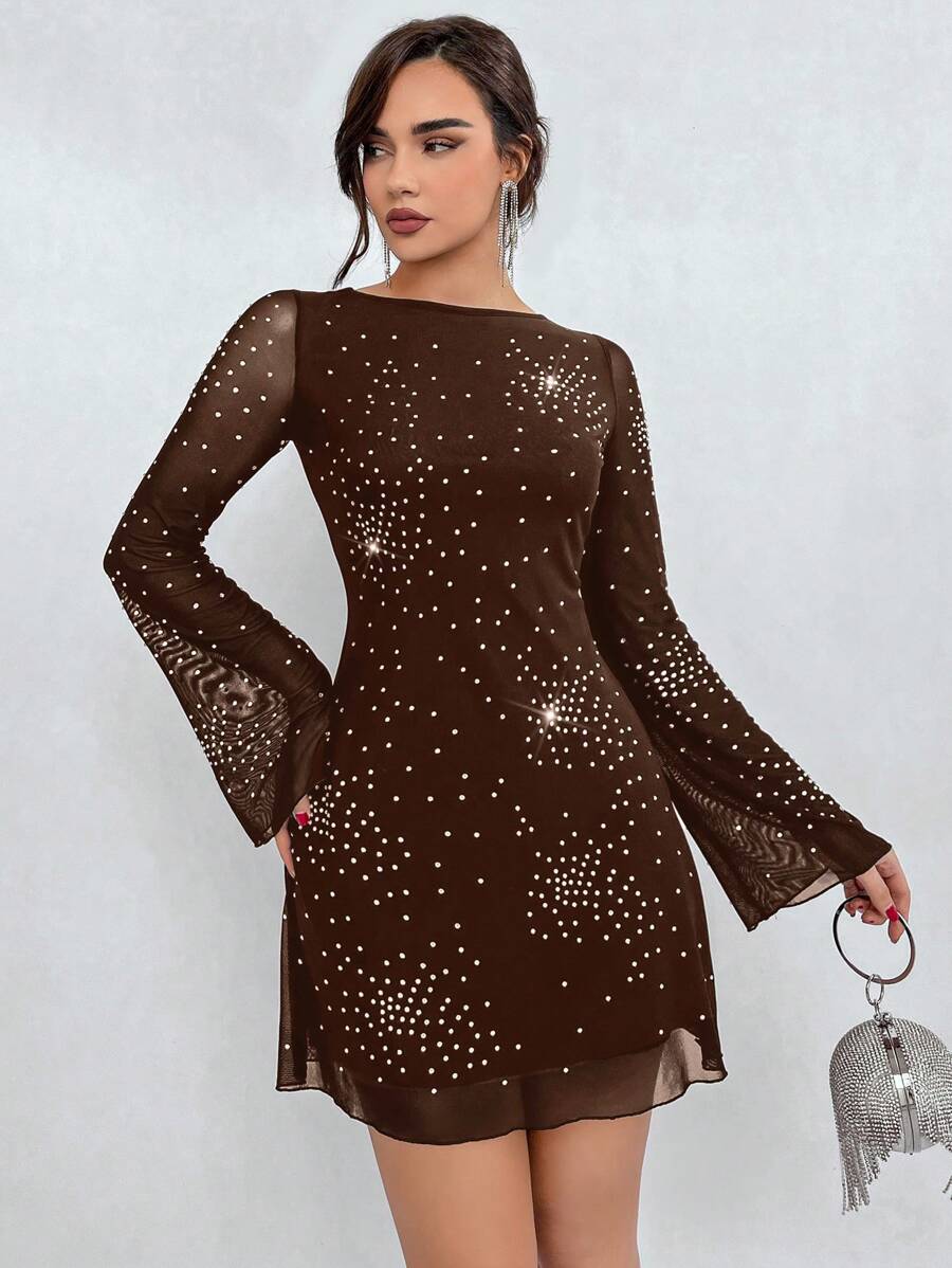 Aloruh 女士網格覆蓋荷葉袖連衣裙 - 棕色 - 查看 1