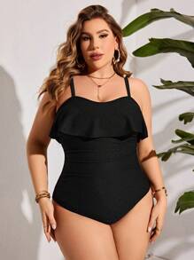 SHEIN Swim Curve 大尺碼純色連身泳衣婚禮 - 黑色 - 查看 3