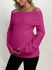 SHEIN Maternity Off-Shoulder Long Sleeve Sweater, For Winter - Hot Pink - View 1