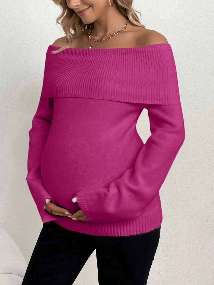 SHEIN Maternity Off-Shoulder Long Sleeve Sweater, For Winter - Hot Pink - View 1