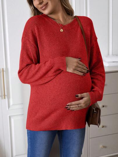 SHEIN Suéter de manga larga con cuello redondo para maternidad, para invierno