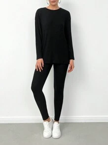 SHEIN Cottnline Women's Long Ribbed T-Shirt And Leggings 2pcs/Set - Black - View 3