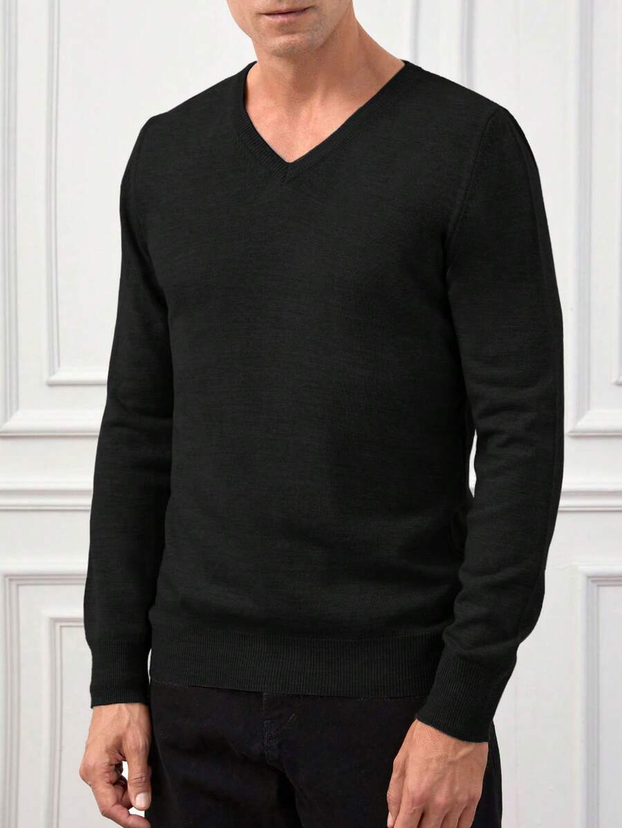 RueChic Men'S V-Neck Long Sleeve Sweater - Black - View 1